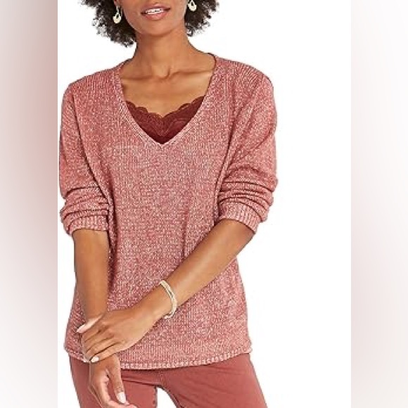 NIC+ZOE V-Neck Sweater with Velvet Cami in Dusty Rose Size Medium - Picture 1 of 13